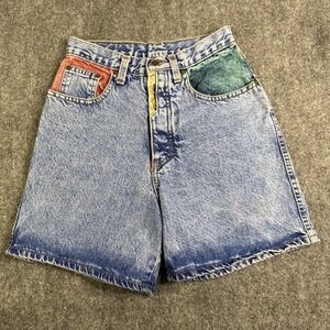 Vtg Zena High Waisted '90s Jean Shorts Button Fly Colorblock Size 5 (Waist 25")